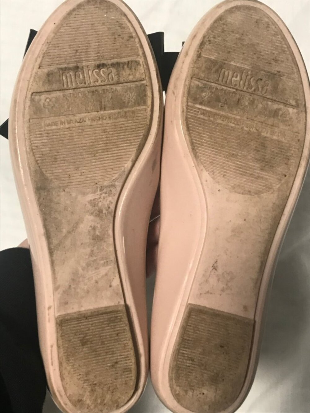 Melissa Beige Nude Jelly Rubber Ballerina Flats with Black Bow 6 - Picture 7 of 7
